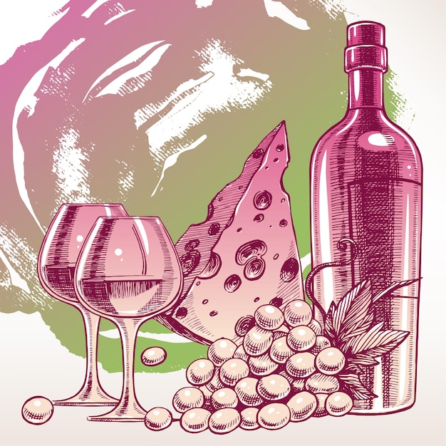 Schöner Hintergrund mit einer Flasche Wein, Gläsern, Weintrauben und Käse