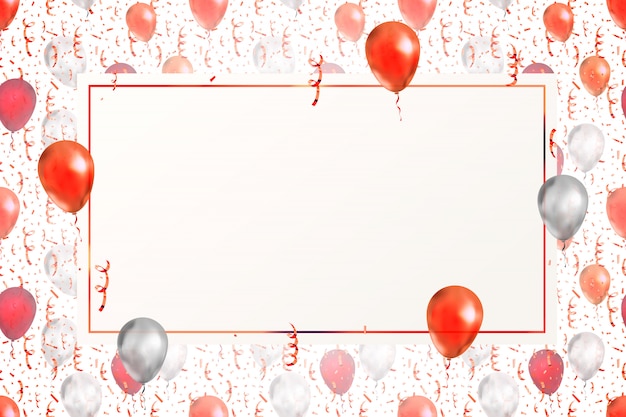 Schöner Hintergrund mit leuchtend rotem Serpentin, Konfetti und Luftballons auf Weiß