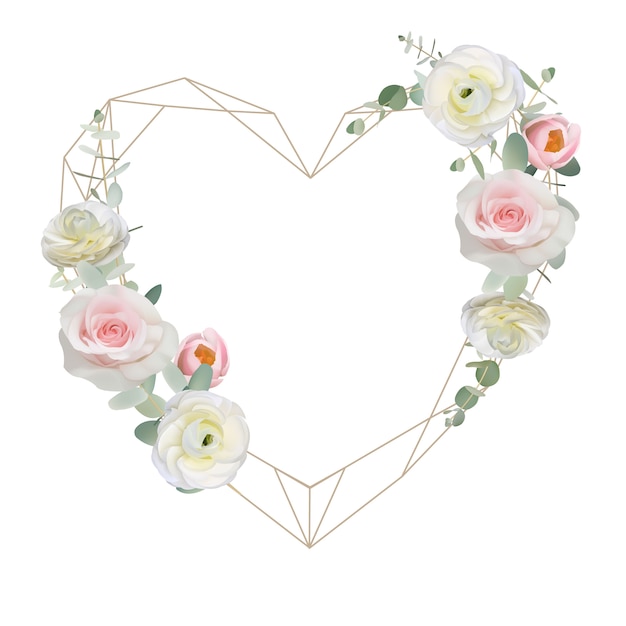 Schöner Liebesrahmenhintergrund mit Blumenrununkulus und Rosenblumen
