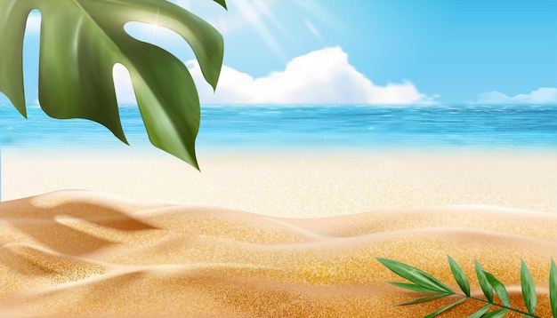 Schöner Sommerstrand mit tropischen Pflanzen in 3D-Darstellung