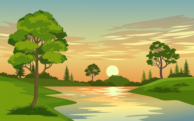 Schöner Sonnenuntergang im Wald mit Fluss