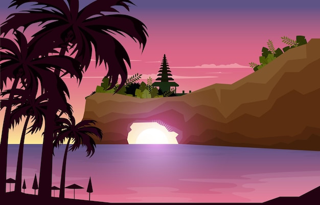 Vektor schöner sonnenuntergang tanah lot beach bali klippe landschaftsansicht illustration