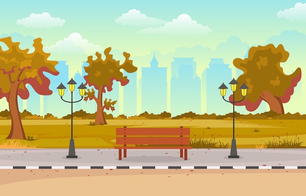 Schöner stadtpark im fall-herbst mit gebäude-skyline-illustration