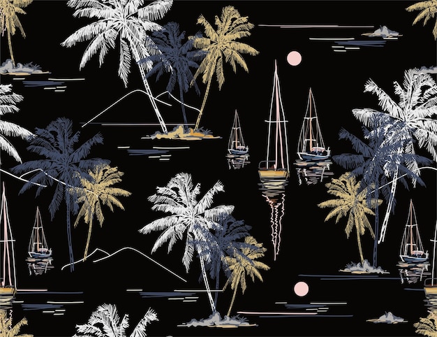 Schöner tropischer nahtloser Musterhintergrund mit Kokospalmen-Segelboot-Silhouetten Sonne