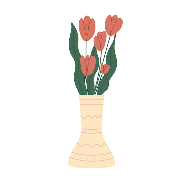 Vektor schöner tulpenblumenstrauß in der vase. hand gezeichnete vektorillustration auf weißem hintergrund