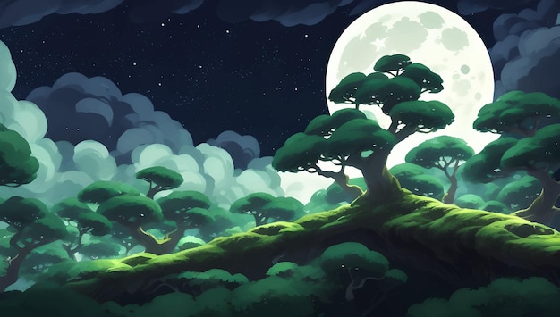 Schöner Wald mit großen und alten Bäumen bei Nacht mit sichtbarem Mond Detaillierte handgezeichnete Malerei Illustration