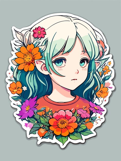 Vektor schönes anime-mädchen mit blumenornament für poster