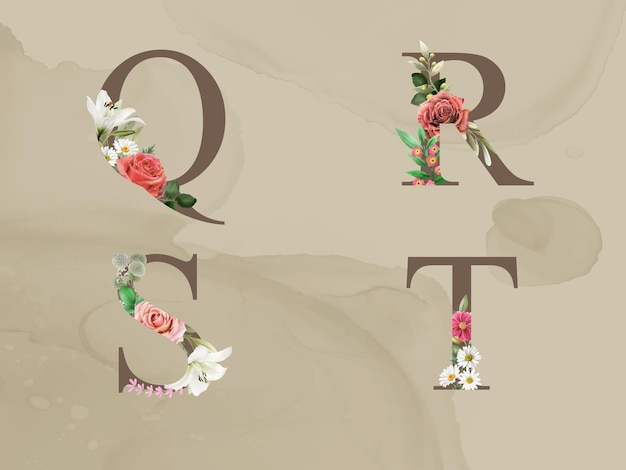 Schönes blumenalphabet mit roten und weißen blumen und grünen blättern aquarell