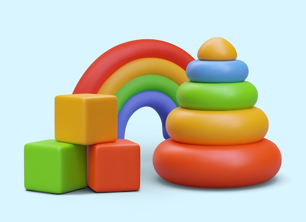 Schönes helles Poster mit Spielzeug für Kinder im realistischen Stil Regenbogenpyramide mehrfarbige Würfel
