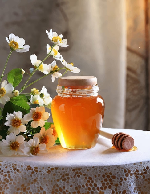 Schönes honigkrug mit blumen auf dem tisch