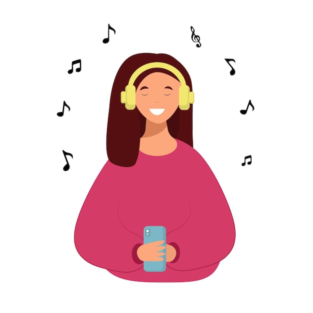 Schönes junges Mädchen mit Kopfhörern, das Lieblingsmusik hört und melomanischer Musikliebhaber lächelt