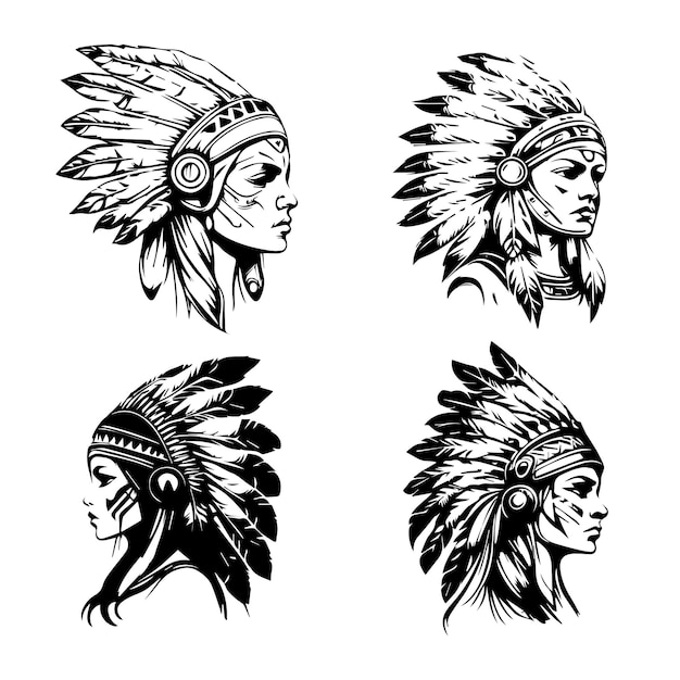 schönes mädchen, das indianerhäuptling trägt, handgezeichneter illustrationssammlungssatz