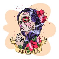Schönes mädchen im chicano-stil mit tattoo-rosen im haar