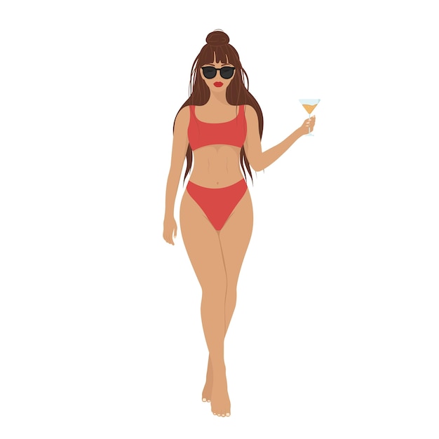 Schönes Mädchen in rotem Badeanzug mit einem Cocktailglas Strandurlaub am Meer Junge Frau