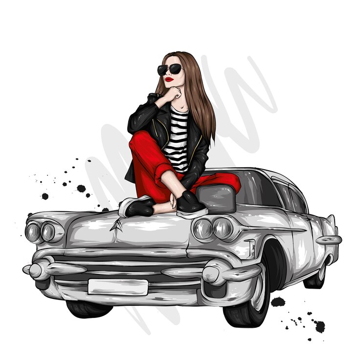 Vektor schönes mädchen in stilvoller kleidung und einem retro-auto
