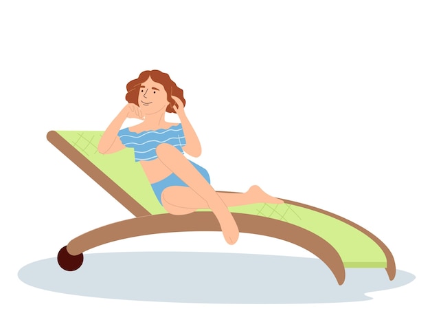 Schönes Mädchen liegt auf einem Liegestuhl in der Nähe des Pools Junges Mädchen ruht sich im Urlaub aus Vektor