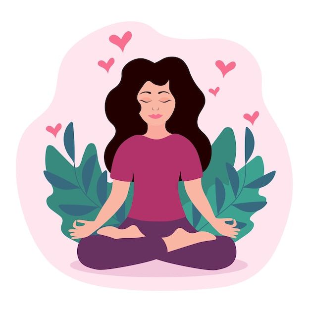 Schönes Mädchen macht Yoga mit Blättern und Herzen Internationaler Yoga-Tag Vector Flat Illustration