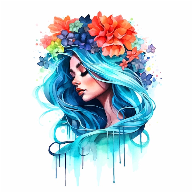 Schönes Mädchen mit blauen Haaren, umgeben von Blumen-Aquarellfarbe