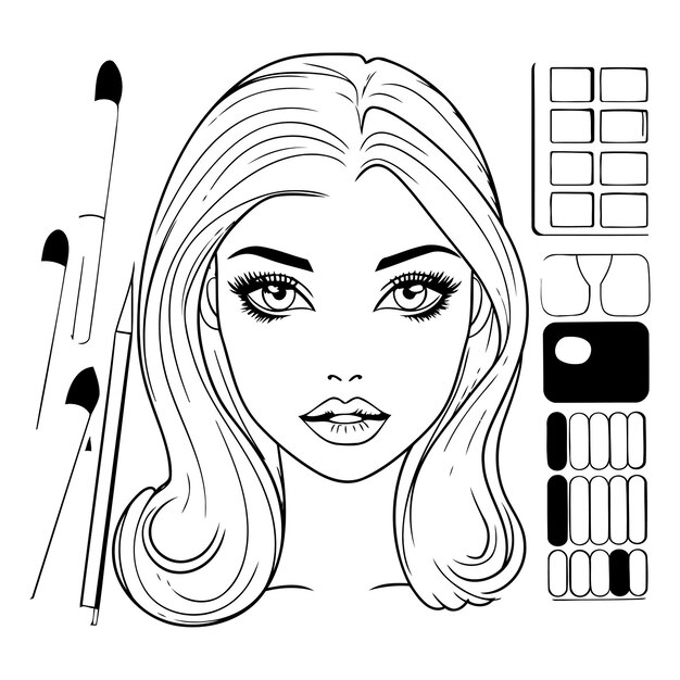Vektor schönes mädchen mit langen haaren und make-up-bürsten monochrome vektor-illustration
