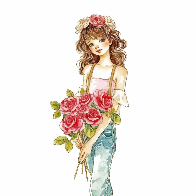 Vektor schönes mädchen mit rosen und aquarellfarben