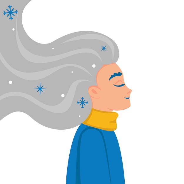 Schönes mädchen mit schneeflocken bei der entwicklung langer haare, vektorillustration, wintercharakter