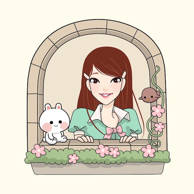 schönes Mädchen mit weißem Kaninchen und Vogel hinter der Fensterkarikaturillustration