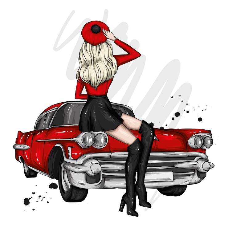 Vektor schönes mädchen und retro-auto