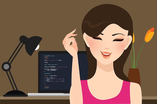schönes mädchen weibliches programmer beruf arbeitsplätze programmierung in laptop-bildschirm code hinter