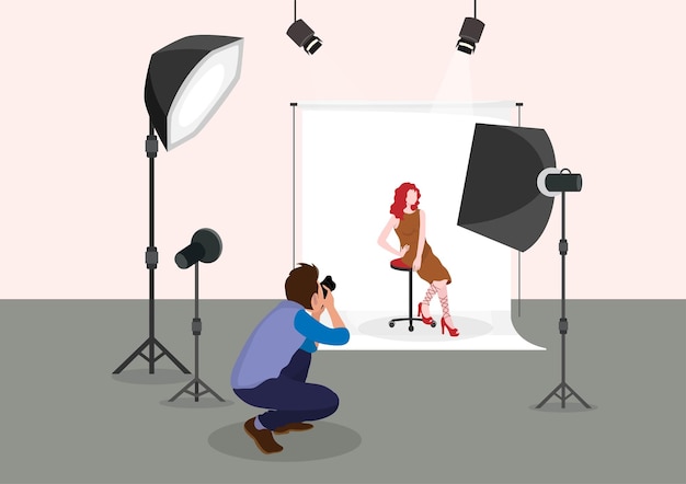 Schönes Modell in Mode-Fotostudio mit Fotografen auf weißem Hintergrund mit hellen Lichtern Flacher Cartoon-Illustrationsvektor