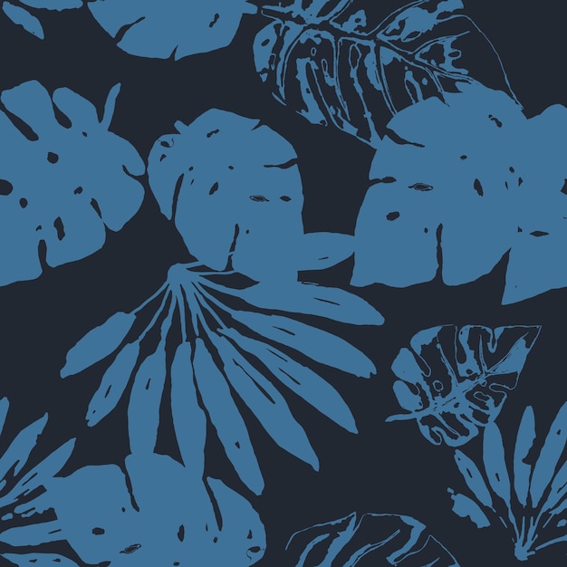 Schönes muster aus tropischen blättern freihandzeichnung skizze von blättern von monstera und anderen tropischen pflanzen dunkelblaues denim-thema textilmuster eps8 vektorillustration