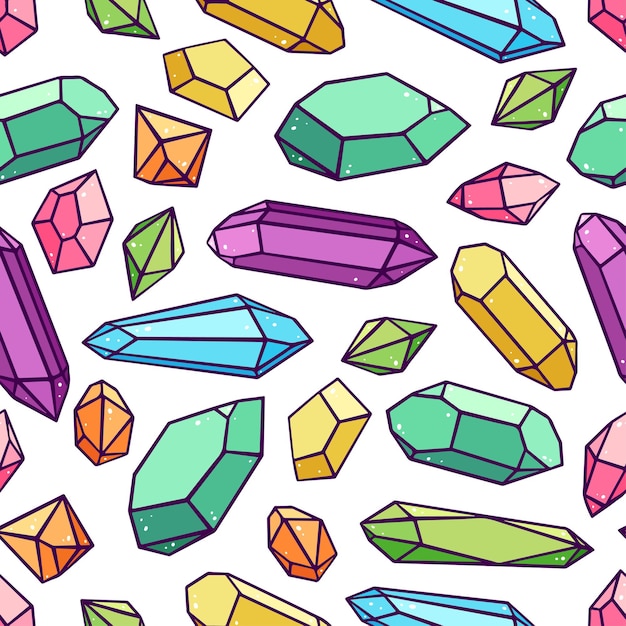 Schönes nahtloses muster einer vielzahl von kristallen und edelsteinen. handgezeichnete illustration