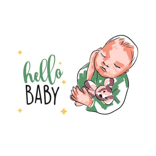 Vektor schönes neugeborenes auf einer karte mit der aufschrift hallo baby baby in doodle