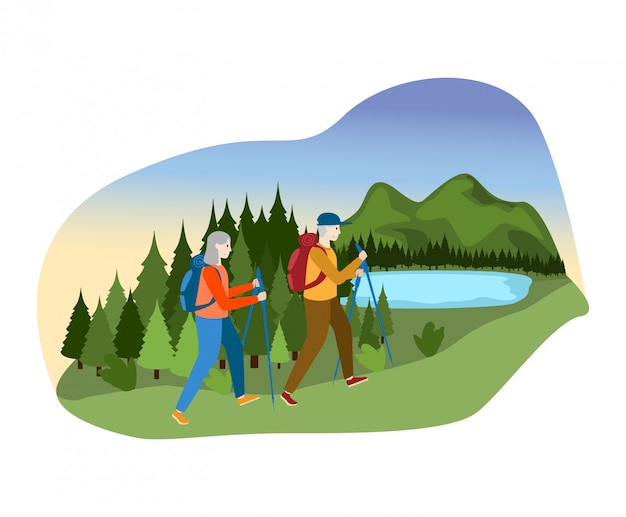Schönes Paar männliche Frau zusammen Lager im Freien Berghügel, Person Charakter Spaziergang Wald Fluss auf Weiß, Illustration.