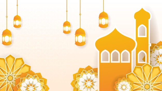 Schönes realistisches mandala mit hängender laterne orange bunter islamischer designhintergrund