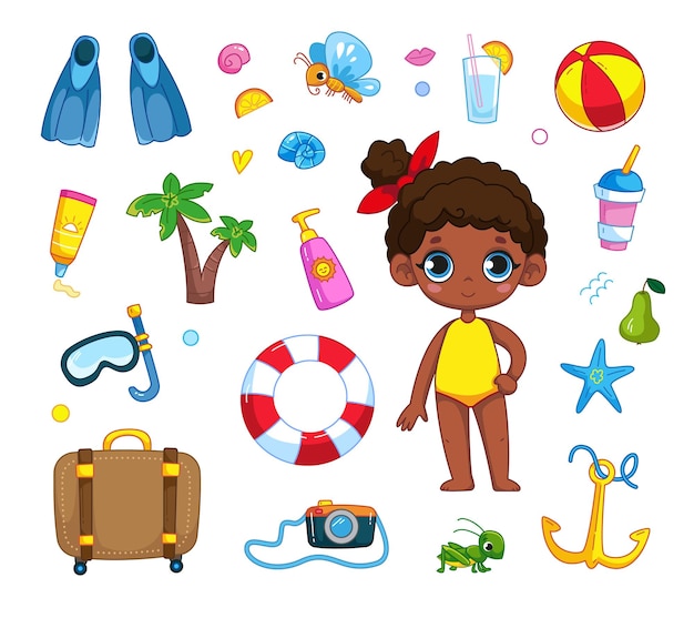 Schönes schwarzes Mädchen in einem Badeanzug Satz von Elementen des Sommerurlaubsmeeres Babycliparts für Kinder