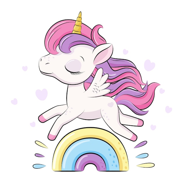 Vektor schönes süßes baby-einhorn springt auf den regenbogen. cartoon-vektorillustration