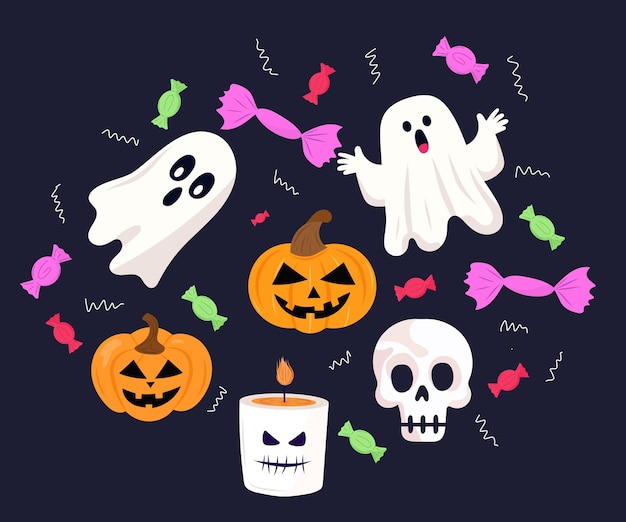 Schönes und beängstigendes Halloween-Set mit Geistern, Kürbissen und Schädeln auf schwarzem, isolierten Hintergrund