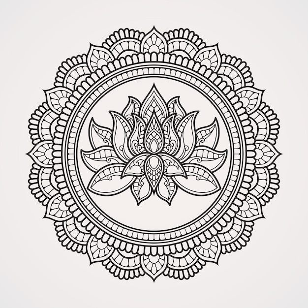 Vektor schönes und beruhigendes mandala mit lotusblumenmotiv zur meditation, geeignet für henna-tattoos, fotos, malbücher, islam, hindubuddha, indien, pakistan, chinesisch, araber