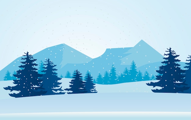 Schönheit blaue Winterlandschaftsszene Berge und Kiefernillustration