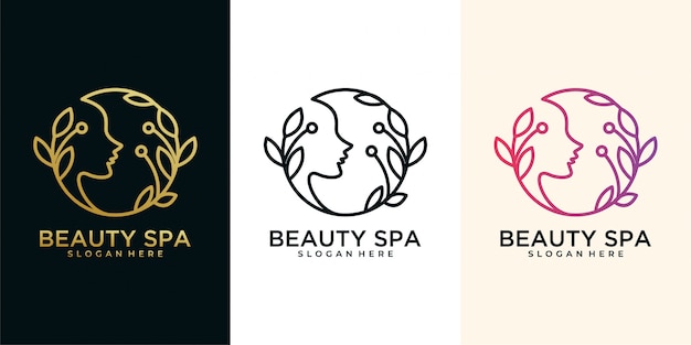 Schönheit frau spa line art stil mit gold farbverlauf logo design set