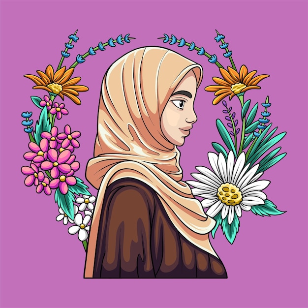 Vektor schönheit muslimische frau mit blume cartoon