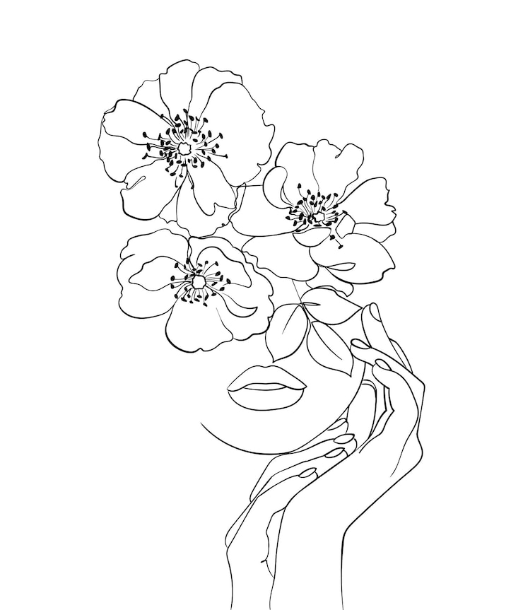 Schönheitsgesicht mit Blumenstrichzeichnungskunst. Logo des Schönheitssalons. Natursymbol der Kosmetik.- Vektorillustration