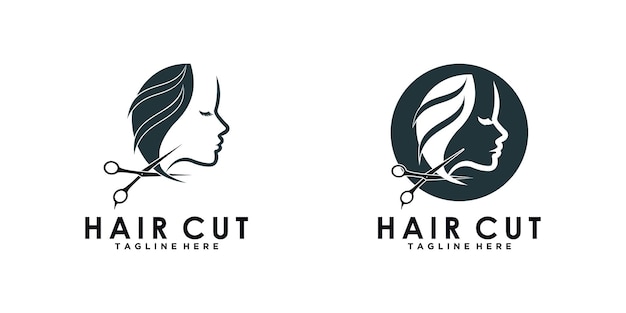 Schönheitssalon-logo-design für haarschnitt mit kreativem konzept-premium-vektor