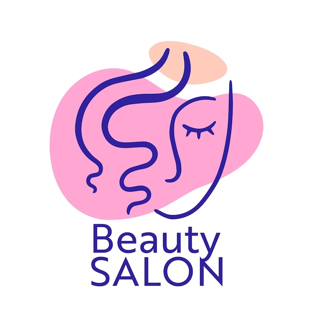 Schönheitssalon-logo mit frauengesicht und haarlocken, isoliertes emblem oder etikett für weibliches wohnzimmer, haarschnitt-service-logo. kreative fahne mit mädchen und rosa fleck auf weißem hintergrund. vektorillustration