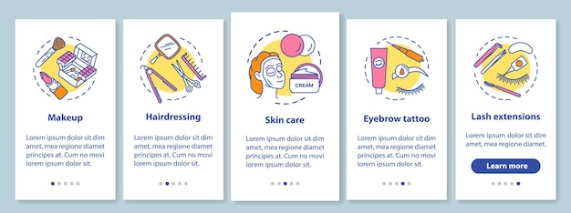 Schönheitssalon-services beim onboarding des seitenbildschirms der mobilen app mit linearen konzepten. make-up, friseursalon walkthrough schritte grafische anweisungen. ux, ui, gui-vektorvorlage mit illustrationen