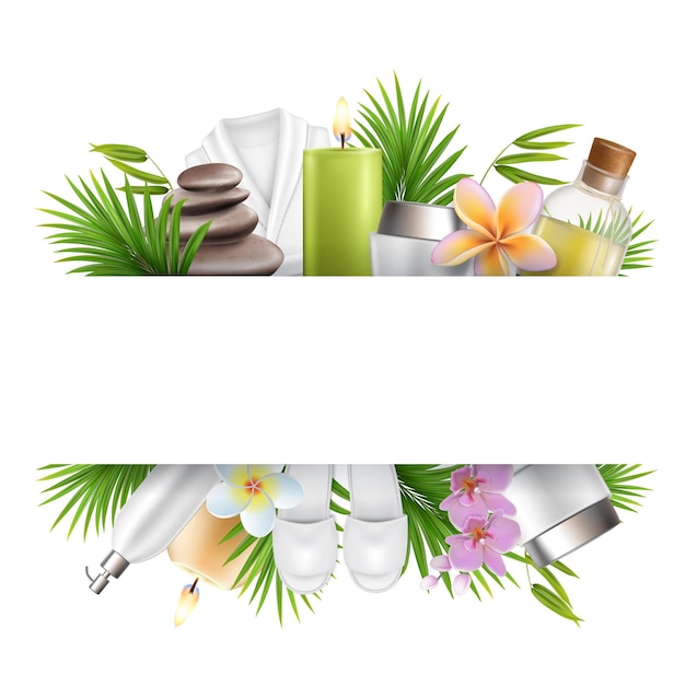 Schönheitssalon- und Spa-Plakatrahmenvorlage mit Zubehör für Hautpflegeverfahren, Vektorillustration