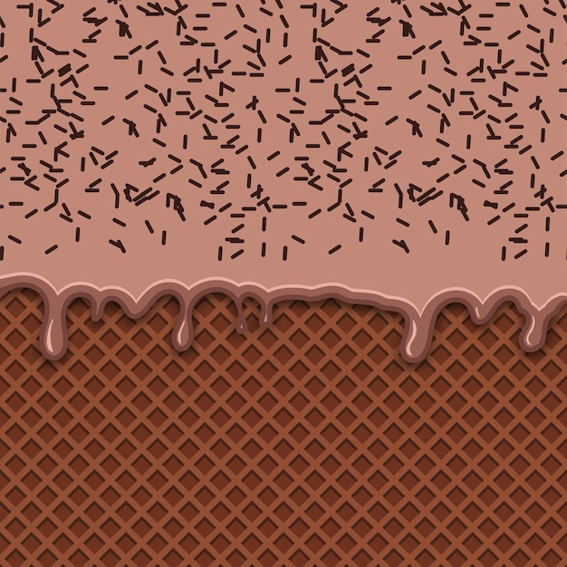 Schokoladeneis geschmolzen auf waffelhintergrund schokoladeneis geschmolzen mit süßer schokolade streusel vektor-illustration
