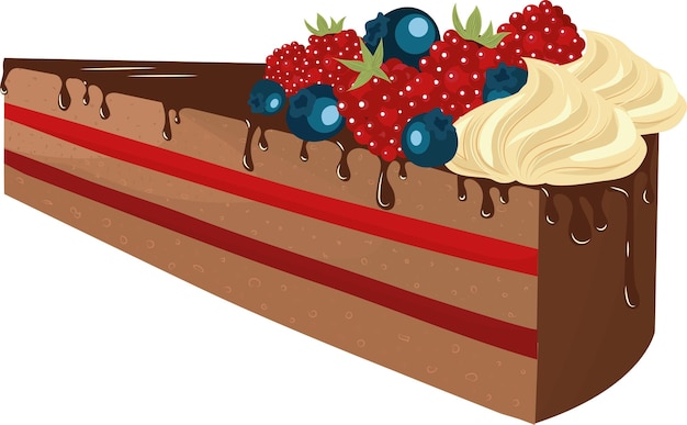 Schokoladenkuchen mit beerenmarmelade und beeren oben drauf. hochwertige vektorillustration