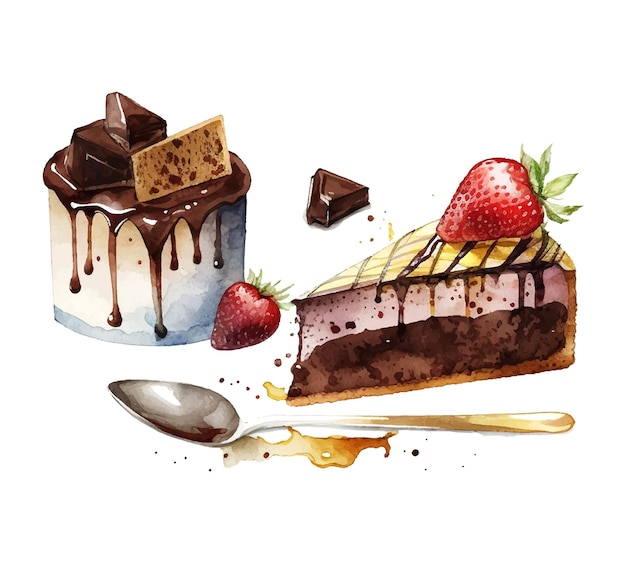 Vektor schokoladenkuchen wüste aquarell stück schokoladenkuchen skizze aquarell stil vektor-illustration