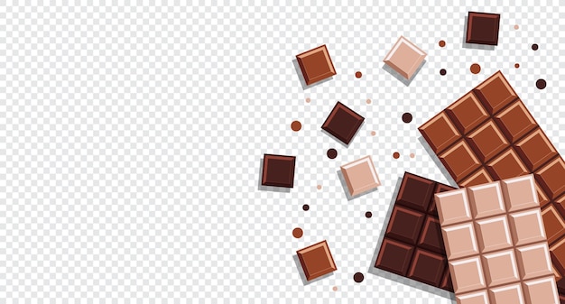 Schokoladenriegel Schokoladen-Hintergrund realistischer Schokoladriegel mit Stücken Milch dunkel-weiße Schokoladenrügel Vektorillustration